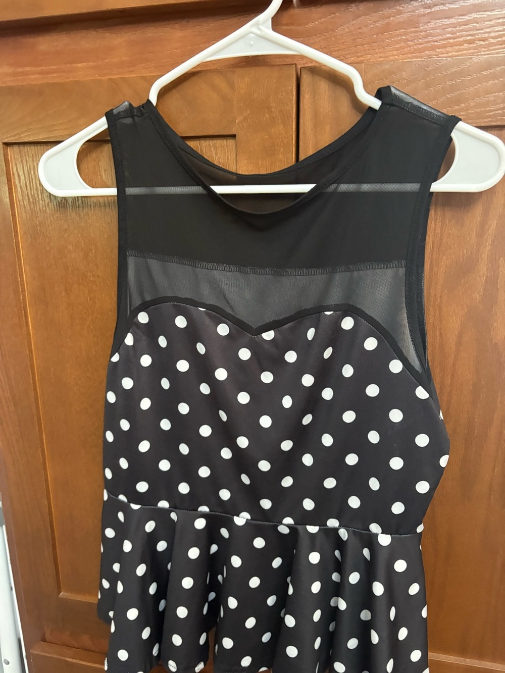Black Polka Dot Peplum Top with Sheer Yoke